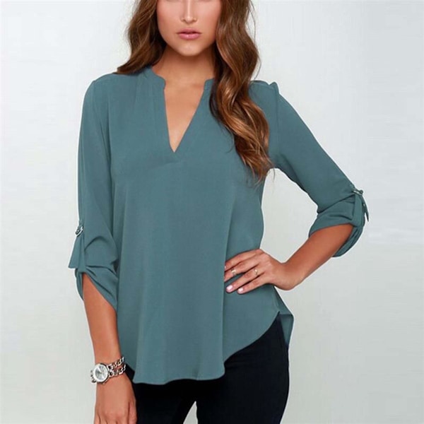 V-hals Chiffon Bluse i Peacock Blå - Kvinners Solid Topp (Størrelse 4XL)