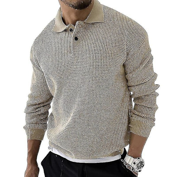 Mænds Strikket Polotrøje i Ensfarvet, Afslappet Business Streetwear, XXL Khaki
