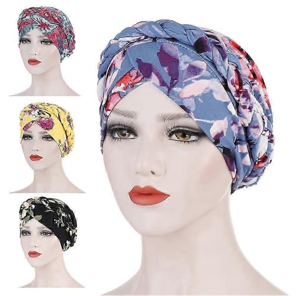 Elegant blomstertrykk elastisk hodeplagg for kvinner, turbanhatt for kreft, cellegift, hårtapshatt Black