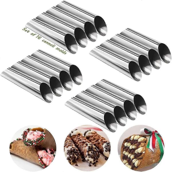 16 stk. Cannoli-rør, rustfri stålforme, non-stick forme, flødehorn, wienerbrødsforme til croissant, fløderulle