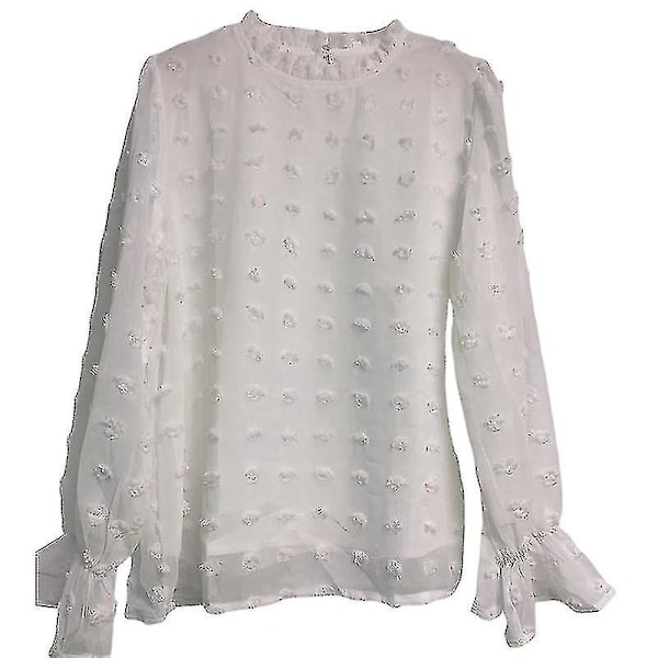 Chiffon Bluser med Lange Ærmer og Rufflet Hals - Kvinders Efterår Casual Trøje XL Hvid