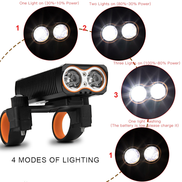 2000lm LED sykkellys USB sykkellys Oppladbar lampe lommelykt for sykling