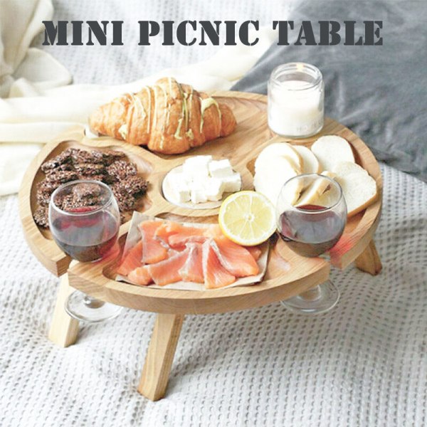 Mini piknikbord med glassholder Sammenleggbart vinbord i tre for strandhagefest Båtcampingpiknik, modell: S
