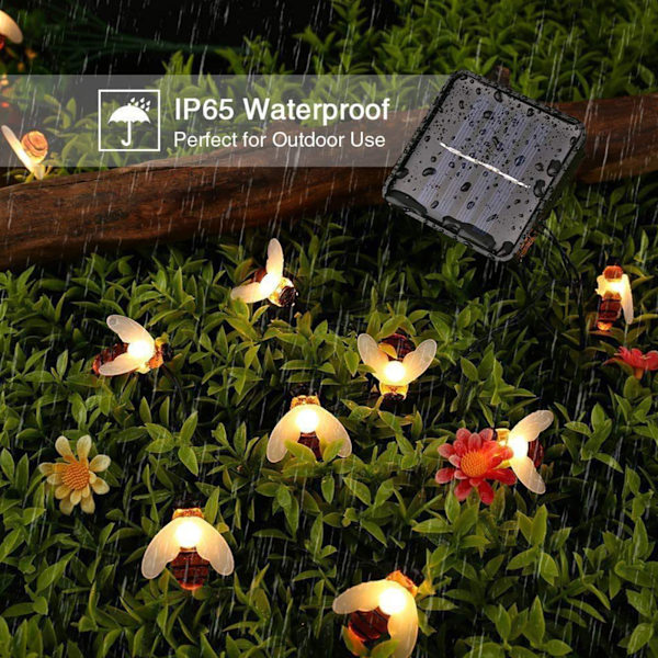 Honeybee String Lights Vattentät Intelligent Control 20 LED Solar Bumble Bee String Lights for Garden 16,4ft Varmvitt Ljus 8 lägen