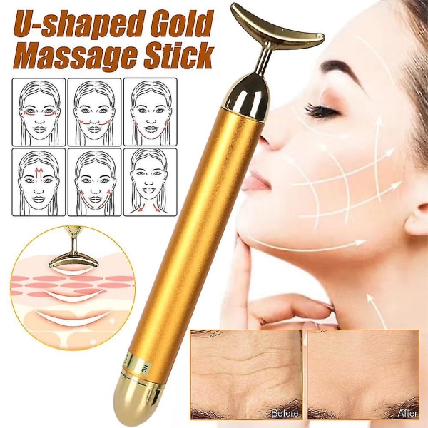 Beauty Bar 24k guld Pulse ansiktsmassageapparat, bärbar T-formad elektrisk vibrerande ansiktsmassageverktyg för känslig hud Ansiktsuppstramning Uppstramande lyft