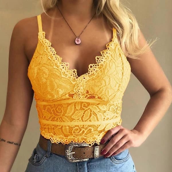 Kvinner dyp V-hals camisole ermeløse stropper slanke crop topper blondekant vest Blue M