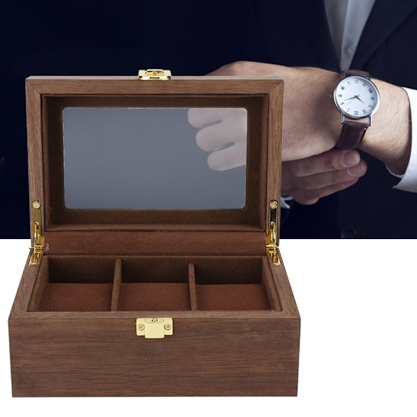 Trä 3 Grid Watch Display Box Transparent fönster Watch förvaringsbox (svart valnöt färg)