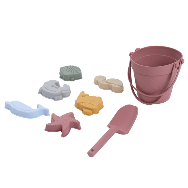 Silikon strandleksaker Babysand Leksaker Setet innehåller silikonhink Djurmodell Sandskyffel StringBrick Red