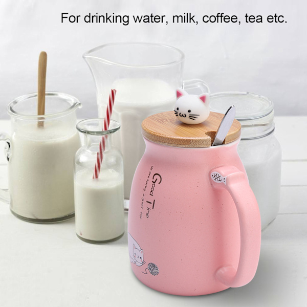 1st Lovely Cat Keramikkopp med sked och lock Kaffevatten Mjölkmugg för Dryckespresent (Rosa)