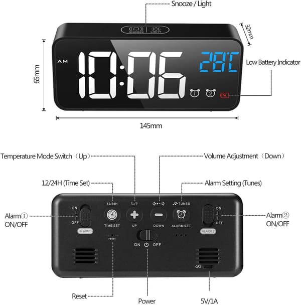 Digital väckarklocka, digital klocka väckarklocka LED-spegel stor S[LD]