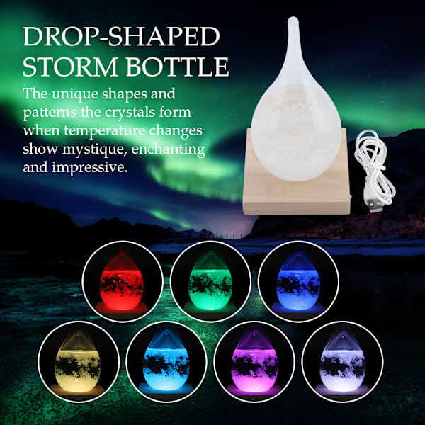 Stormglass Dråpeformet Stormflaske Skrivebords Værobservasjonsprediktor med LED-trebase (M)