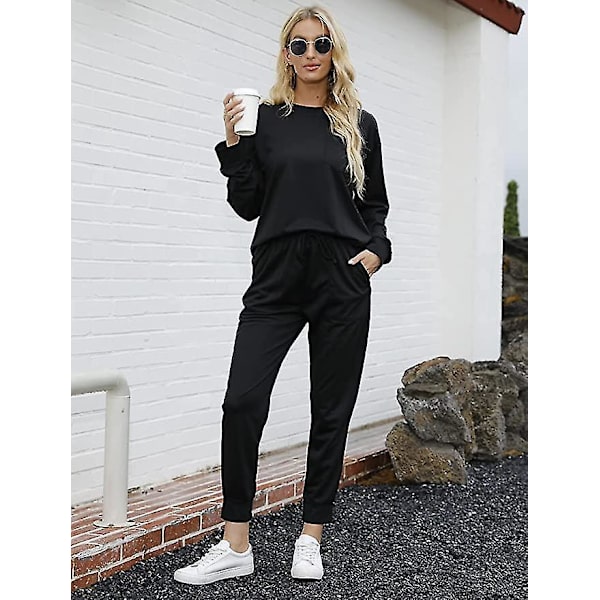 Dam svart XL lös passform 2-delad loungewear set med fickor