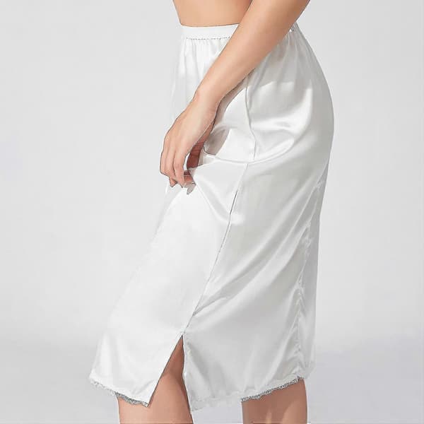 Damunderkjol med elastisk midja: Enfärgad satinunderkjol med spetskant för underklänning white short XL