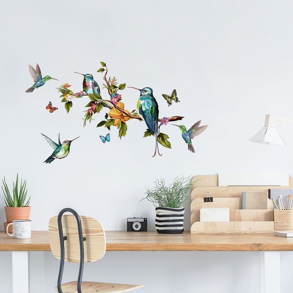 Fågel på trädgren väggdekal, avtagbar akvarell blomma kolibrier fjäril för vardagsrum badrum heminredning