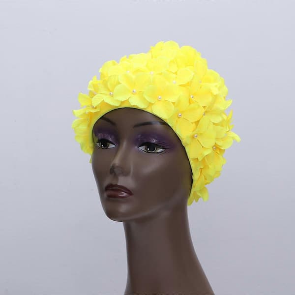 Moderne badehætte med blomstret bladmønster, stilfuld badehætte, størrelse L til kvinder (gul)