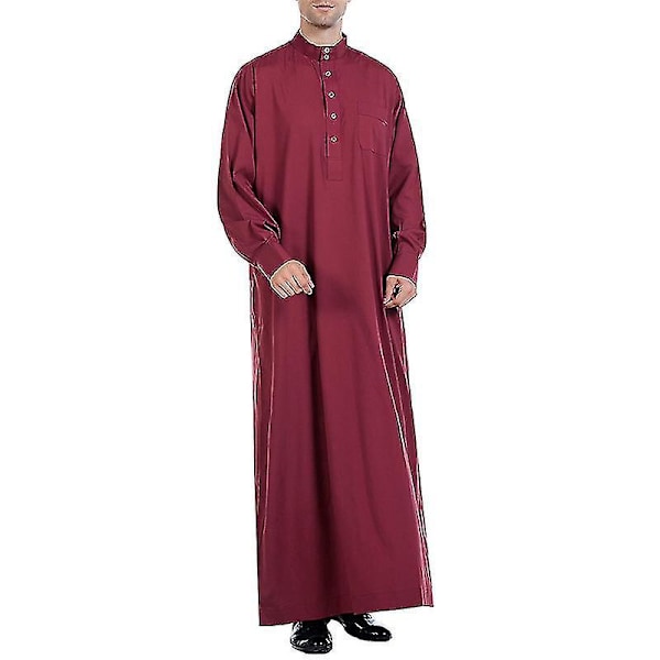 Islamisk herrkläder enfärgad vinröd lång kappa Thobe klänning Kaftan aftonklänning 2XL