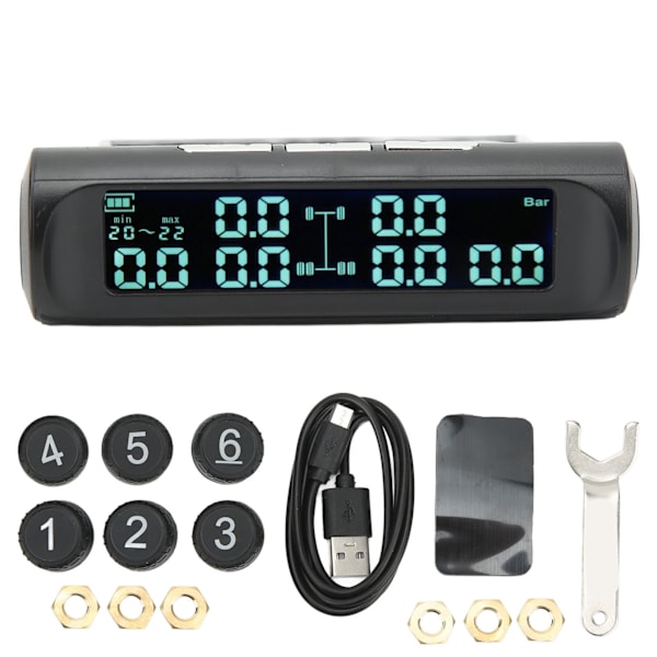 6 Hjul Dæktryksovervågning DC 5V Stabilt Signal LCD Display Præcis Alarm Lydadvarsel 8bar Solenergi TPMS til Lastbil RV