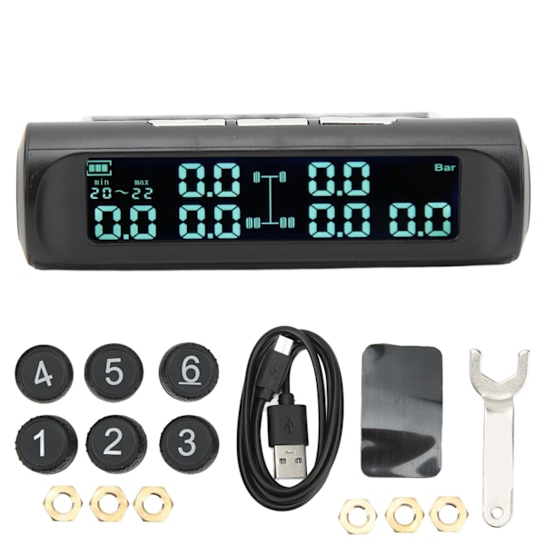 Däcktrycksövervakningssystem med 6 hjul, DC 5V, stabil signal, LCD-display, exakt larm, varningsljud, 8 bar, solcellsdriven TPMS för lastbil, husbil