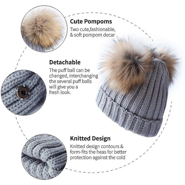 Dam Vinter Dubbel Pom Pom Beanie Fleece Fodrad Bobble Hat Stickad Faux Fur Pom