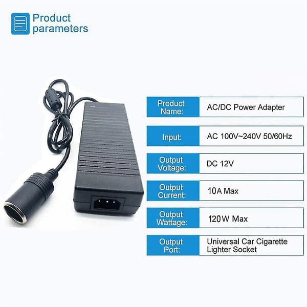 Biladapter Strømkonverter AC-adapter DC 110V / 220V til 12V 10A strømadapterkonverter EU Plus