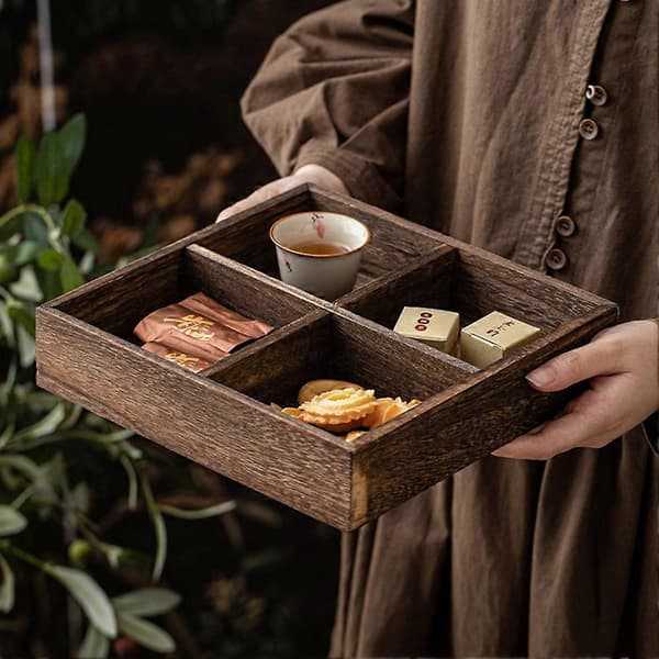 Rektangulær træbakke Kompatibel med fest, Kompatibel med serveringsfad, grøntsagsfad Kompatibel med snacks, te, fire rum, given[LD] Four chamber Grid