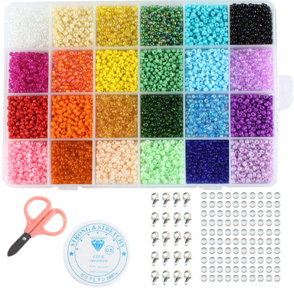 24 Net 3 mm Glasfrøperler Sæt med Saks Hummerlås Stræktråd DIY Håndværk Frøperler Kit til Smykker
