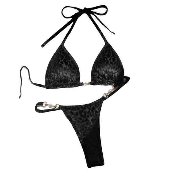 Leopardprint Perler Fløjl Halter Trekant Bikini Badedragt til Kvinder black S