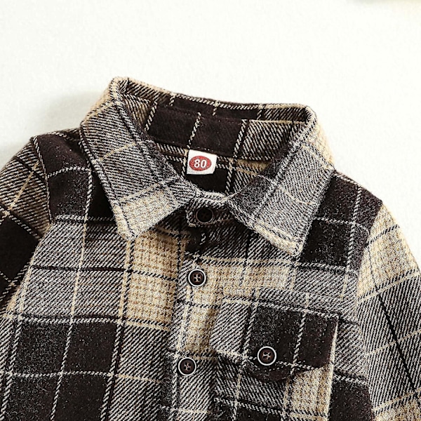 Flannel Plaid Skjortejakke til drenge og piger | Langærmet reversknappet jakke | Efterårs- og vintertøj | 8-9 år | D-Kaffebrun