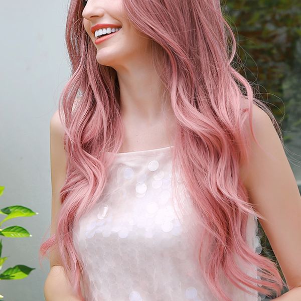 LC313 Lång vågig peruk Rosa mittdel lockigt helhår Syntetisk Cosplay kostym peruker för kvinnor