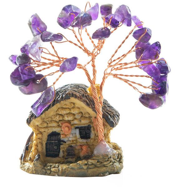 Model hjem kobbertråd krystal naturlig ædelsten penge træ liv dekoration helbredende energi held og lykke, model: lilla