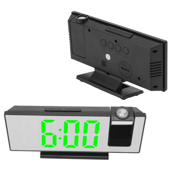 Projection Digital Alarm Clock USB Charging Automatic Dimming LED Mirror Screen Electronic Clock for Bedroom Black Shell Green Light