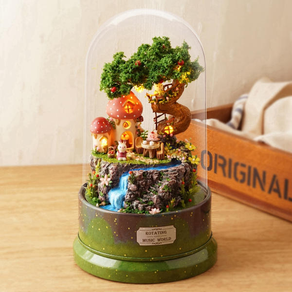 Gör-det-själv dockskåp Miniatyrmodell dockhus med dammskydd Rotera speldosa Trädgårdsdagbok