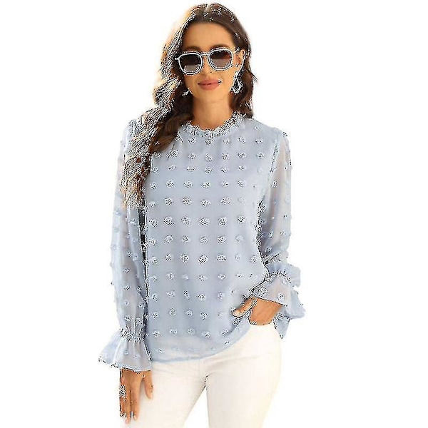 Chiffonbluse med Rufflet Hals, Lang Ermet Pullover Topp - Himmelblå XL