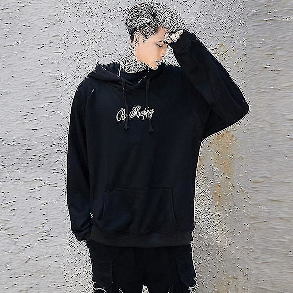 Smile Face Tryckt Herr Långärmad Hoodie Pullover Topp Svart