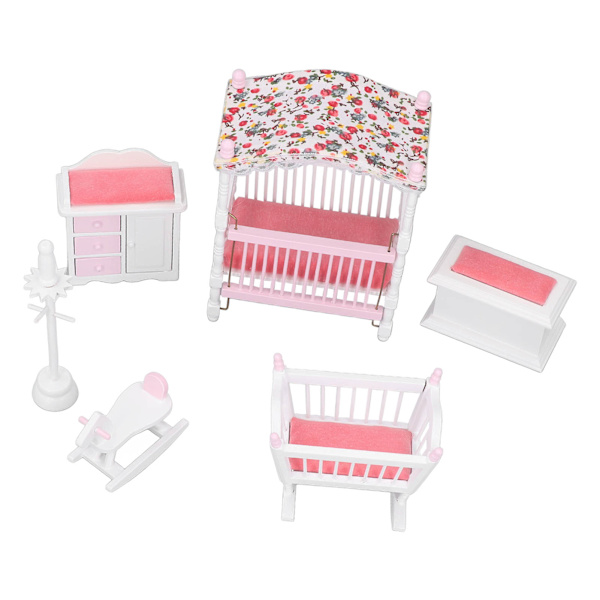 Skala 1:12 Dollhouse Sovrumsmöbler Set Miniatyr Dollhouse Sovrumsmöbler Rosa Vitt Rum Tillbehör Leksak