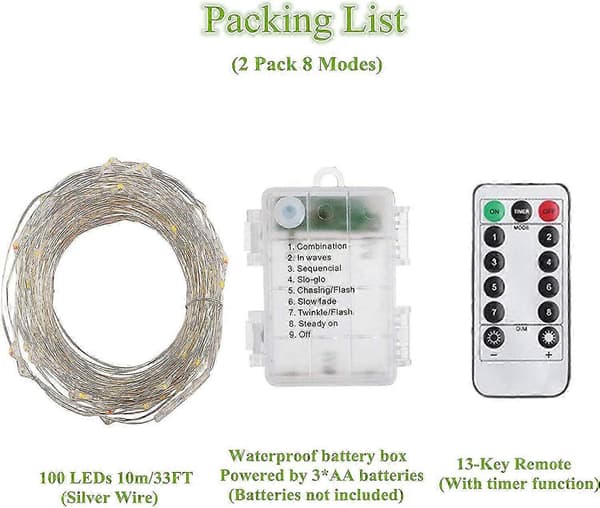 100 LED IP65 Vattentät Timerstyrd Ljusslinga 2x10m Batteridriven