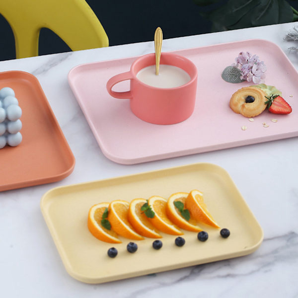 Kök Serveringsbricka Vetehalm Rektangulär nordisk stil Cupcake Frukt Snack Tebricka för hemmakontor Restaurang Gul S (Ca 25x17cm / 9,8x6,7in)