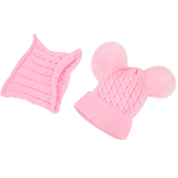 Barn Vinter Varm Hålla Stickad Mössa Scarf Småbarn Pojkeflicka Söt Halsvärmare Rosa