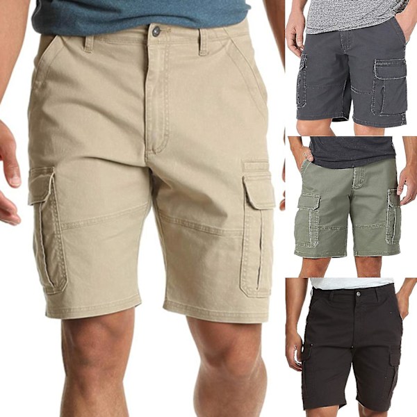 Herr Cargo Shorts i enfärgad färg med flera fickor, lätta och mångsidiga, grå