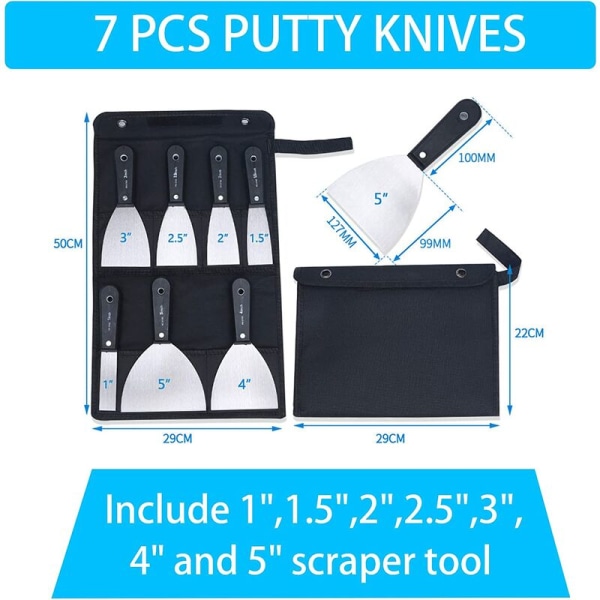 Spatlar Set Gipskniv Set med 7 skrap- och spackelknivar, halkfritt plasthandtag med en bärbar verktøysväska for lagring av canvas, HANBING