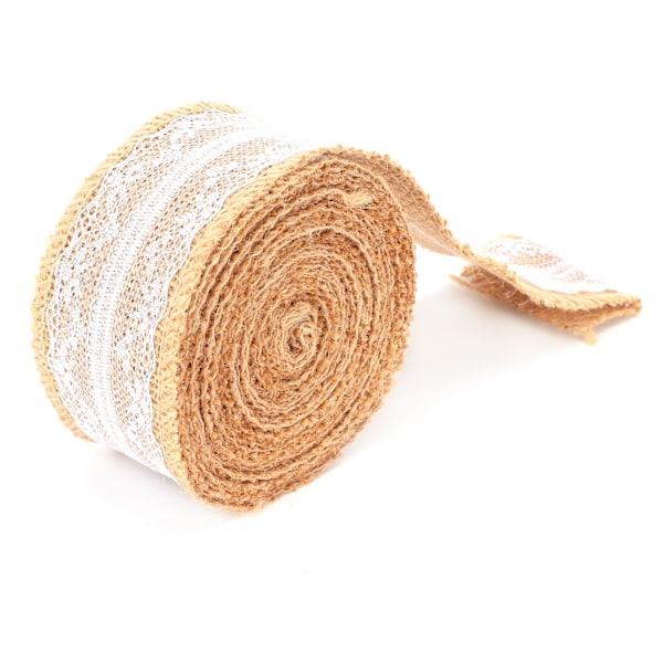 Sækkelærredsbånd med hvid blonde, naturlig juterulle til DIY dekoration, gaveindpakning, 5 yards, 5 cm midterblonde