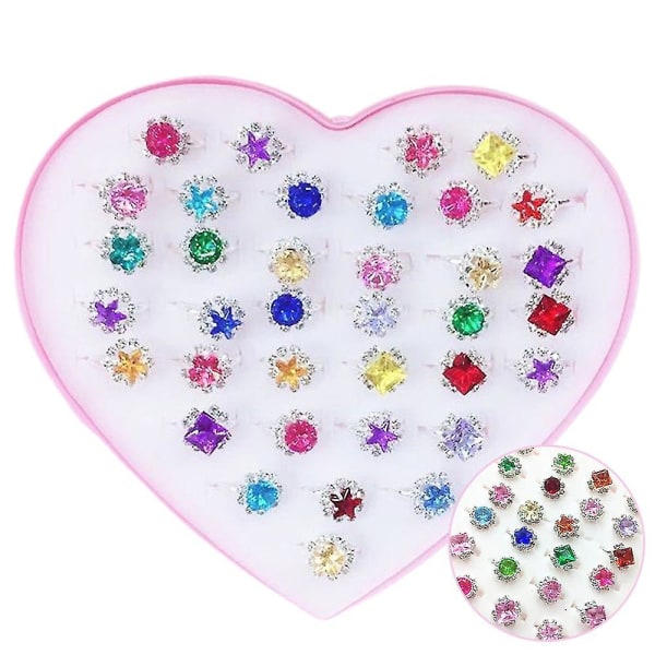 36 stk Justerbare ringe til børn, piger med display i hjerteform, opbevaringsboks Legetøjssæt Smykkegave