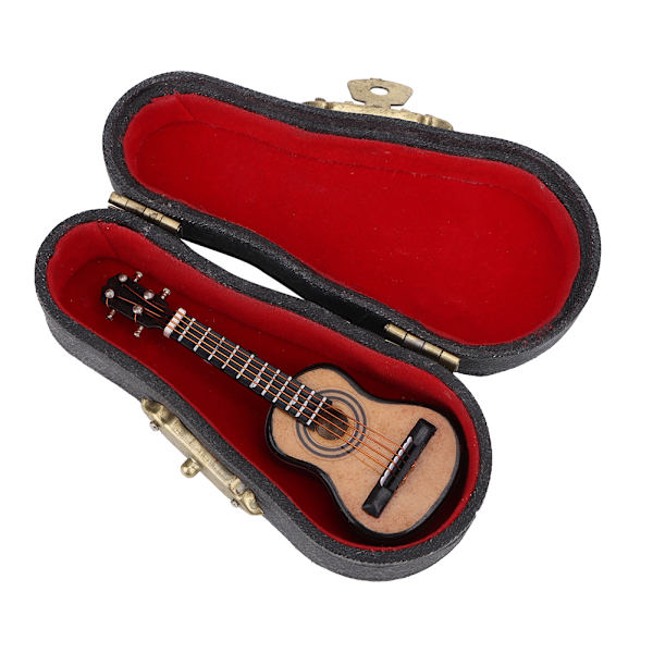 1：12 Mini träinstrumentgitarr med läderlåda modellsimuleringstillbehör för dockhus
