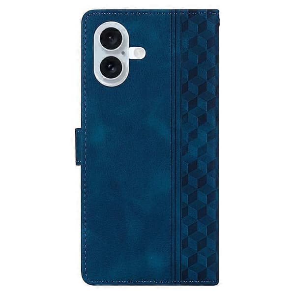 Kompatibel med iPhone 16 Plus læderetui præget ternet pung etui med stativ og foldbart låg Blue