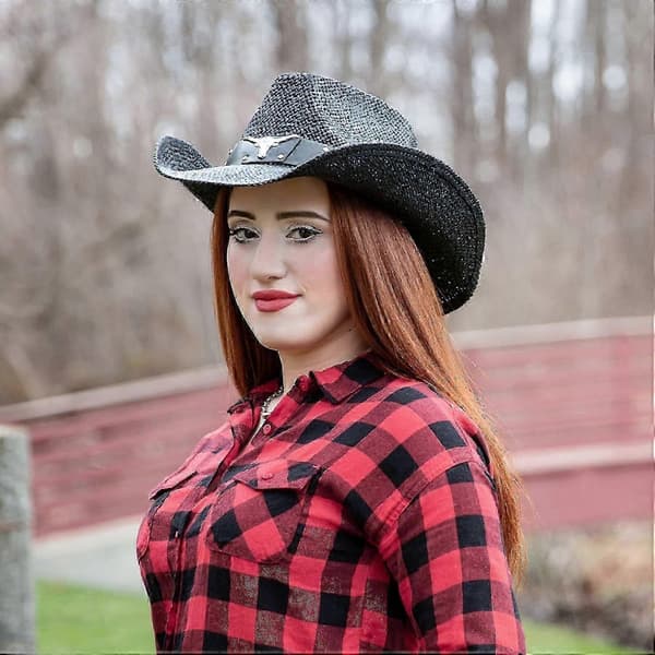 Stråcowboyhat til kvinder og mænd med formbar skygge, western cowboyhat Bull Black
