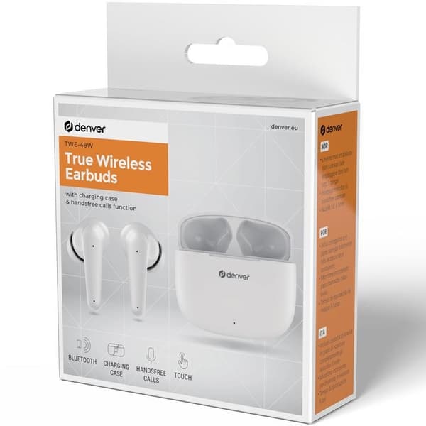 DENVER TWE48W Langaton Bluetooth-kuuloke latauskotelolla Vit True Wireless Stereo (TWS)