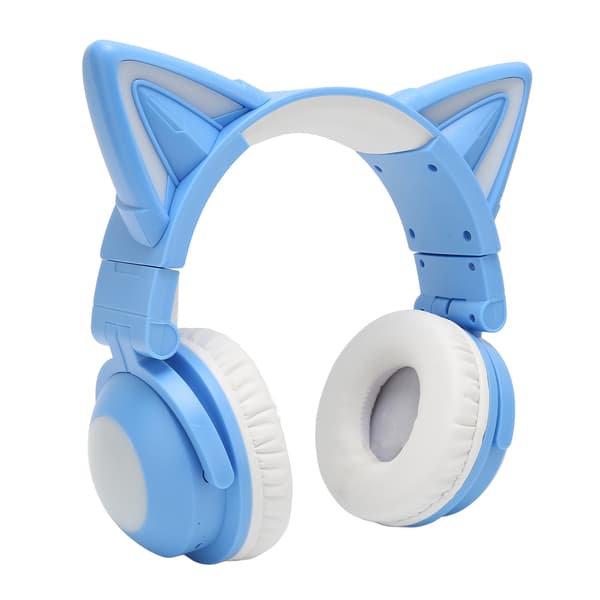 Cat Ear Bluetooth Headset Stereo Cute High Sensitivity Built-in Microphone Adjustable LED Kids Headset with 3.5mm Cable Blue