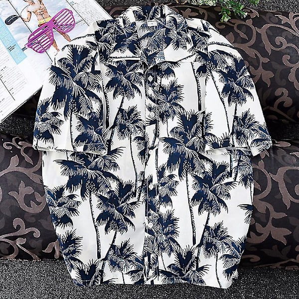 Hawaiian Summer Herr Beach Aloha Skjorta Casual Kortärmad Knapp Upp Vit 4XL