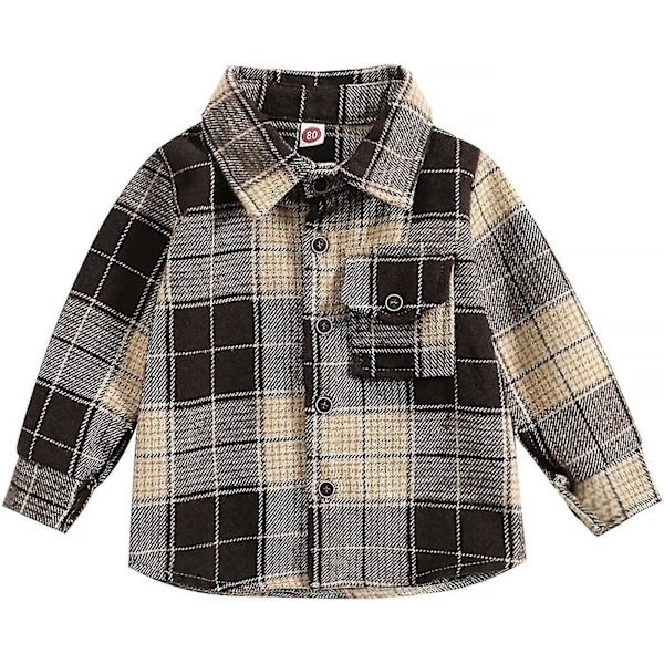 Flannel Plaid Skjortejakke til drenge og piger | Langærmet reversknappet jakke | Efterårs- og vintertøj | 8-9 år | D-Kaffebrun