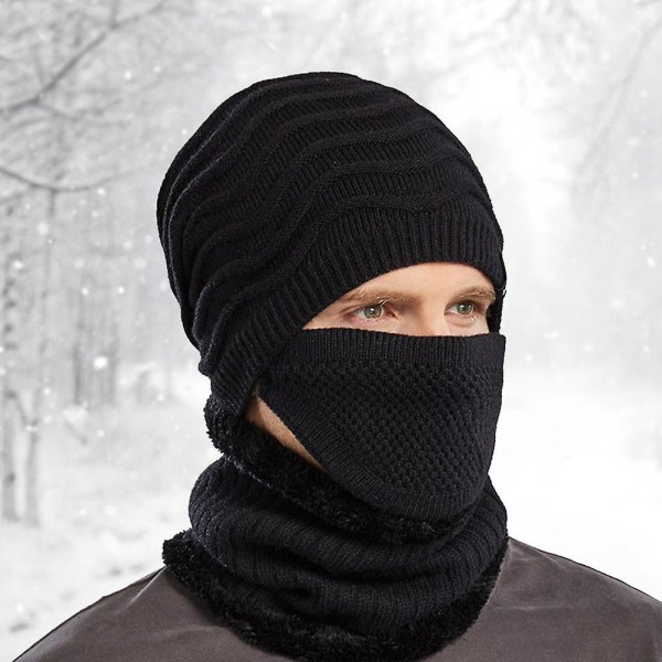 Mænds tyk varm beanie hat tørklæde maskesæt udendørs cykling plys tyk strikket ansigtshalsbeskyttelse Ski-kraniekasket Khaki ONE SIZE
